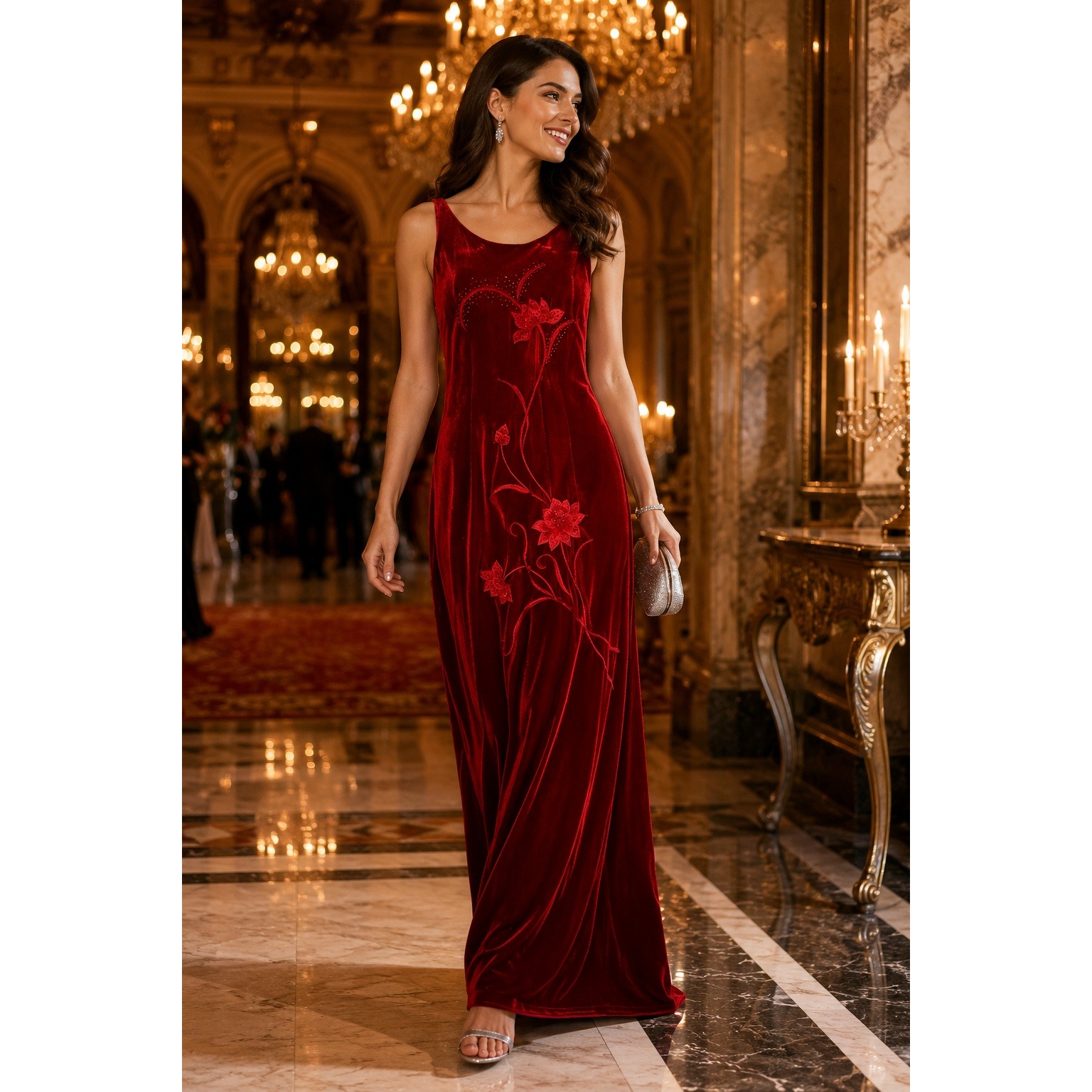 Vtg! Y2k 90s Reggio Red Velvet Floral Embroidered Beaded Maxi Dress Low Back 14